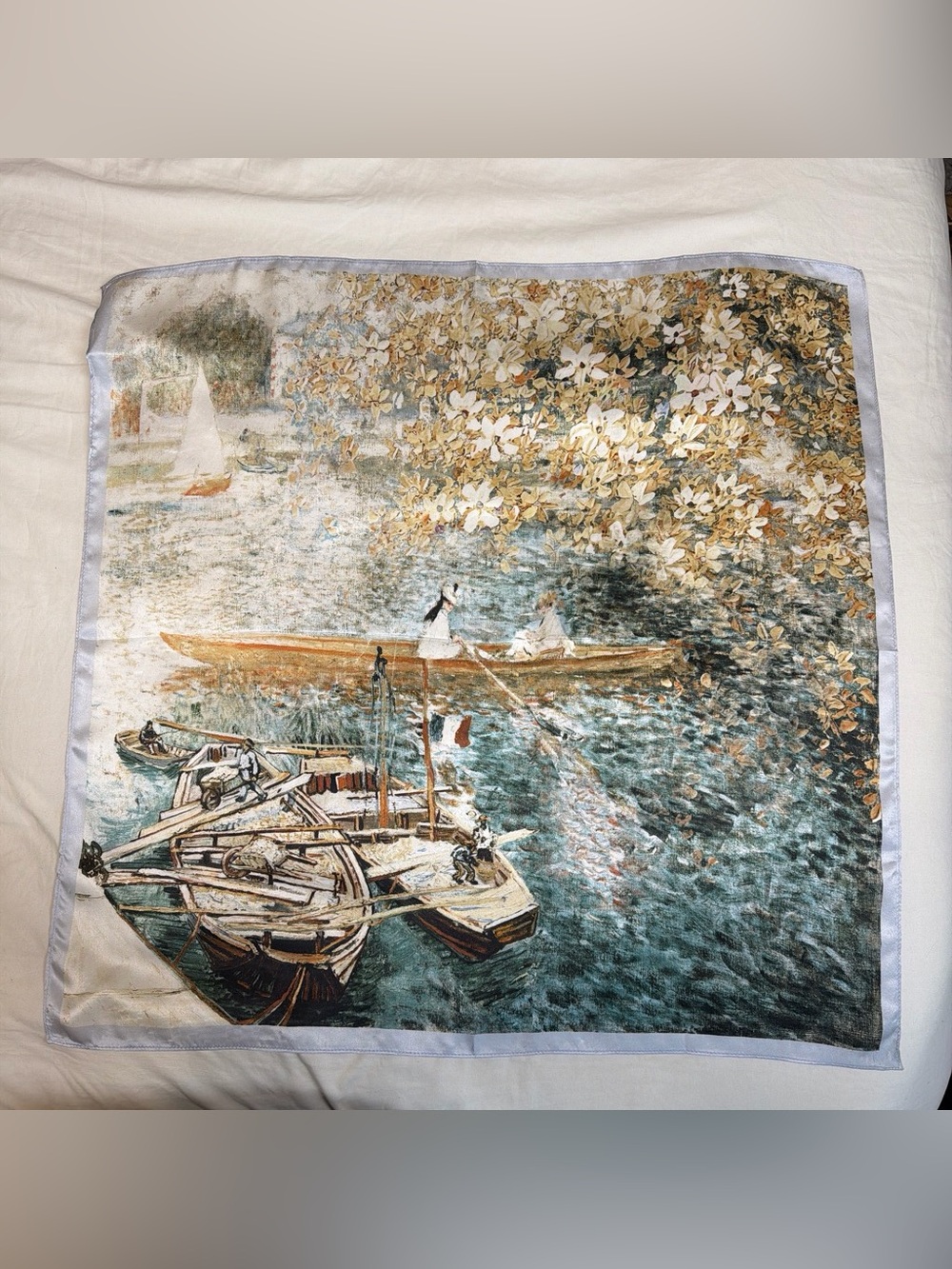 Scenic Riverboat Art Print in Teal and Gold Silk Scarf
